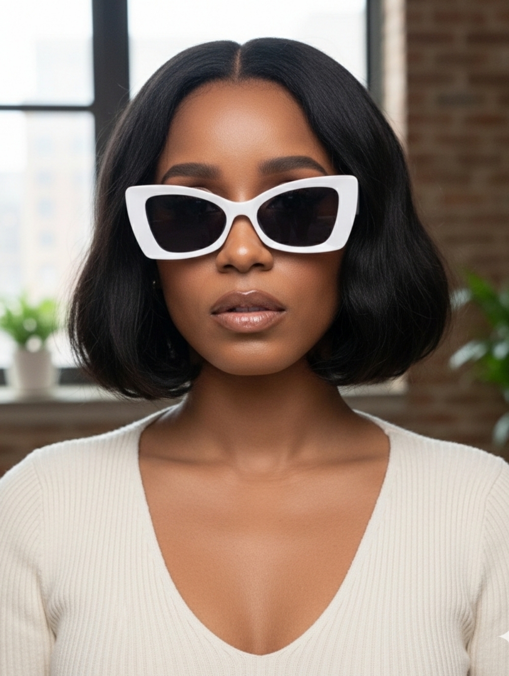 Women's White Rectangular Cat-Eye Sunglasses